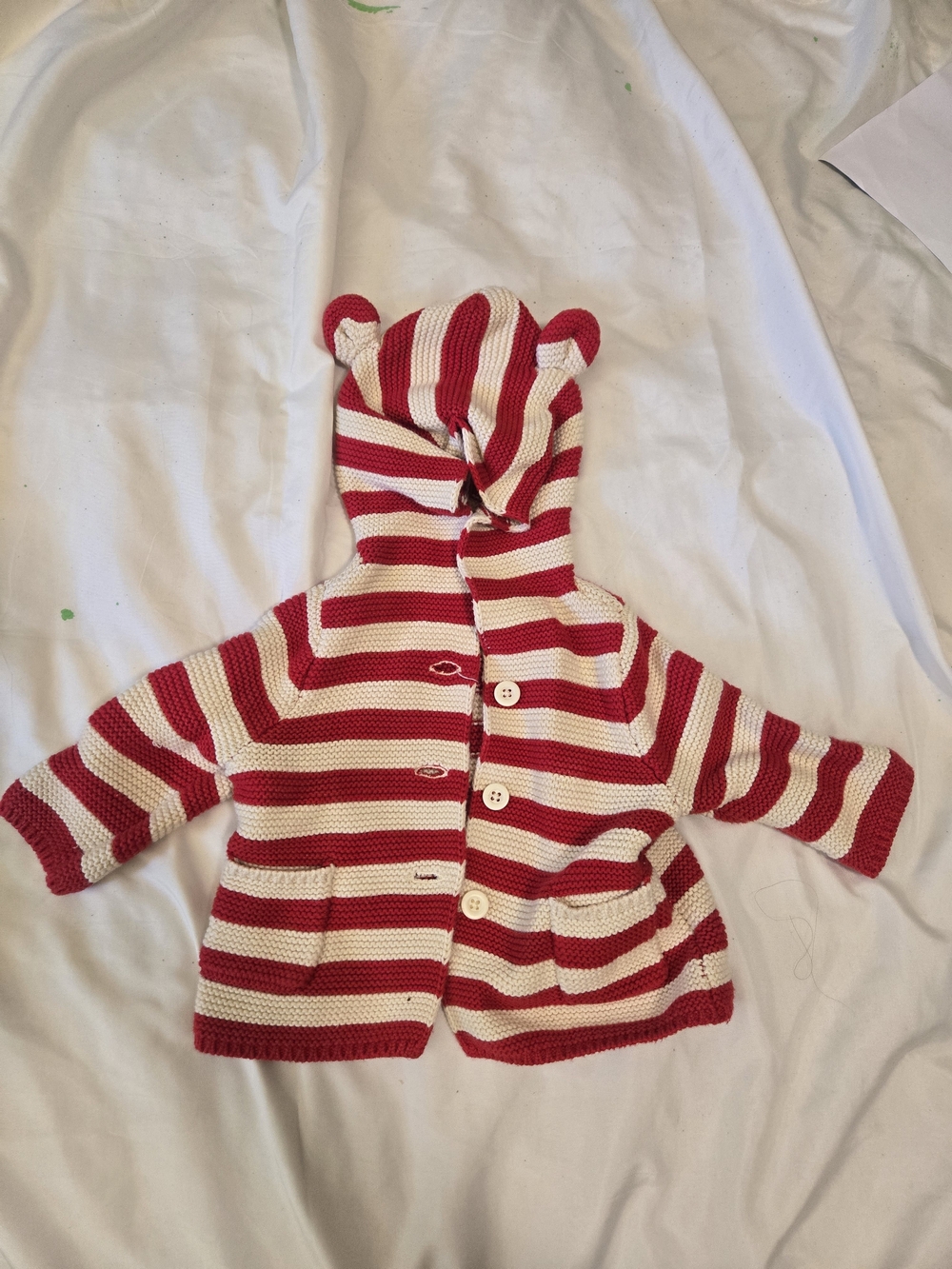 GAP Red and Cream Striped Baby Hoodie with Bear Hood Ears